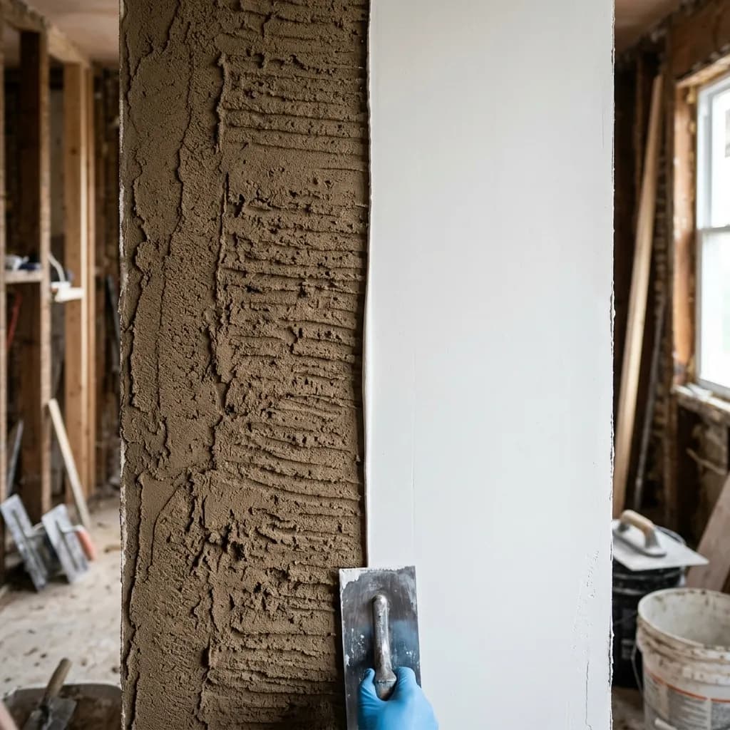 Comparison of plaster application layers showing scratch coat base and skim coat finish