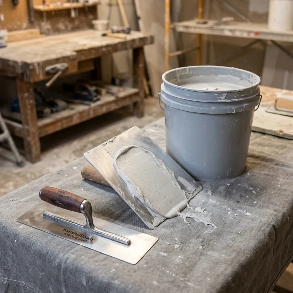 Plastering tools including steel trowel, hawk, and plaster mix bucket