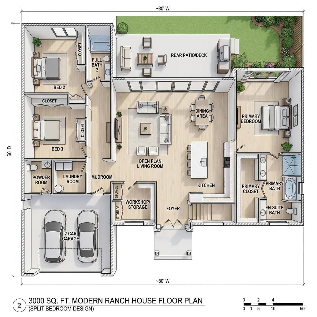 Detailed 3D architectural floor plan blueprint layout of a 3000 sq ft ranch home showing split-bedroom zoning and garage
