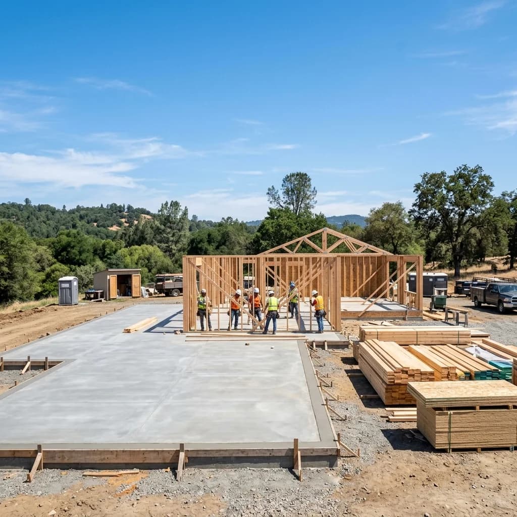 Ranch homes new construction site showing the freshly poured large concrete slab foundation and wood wall framing starting to go up