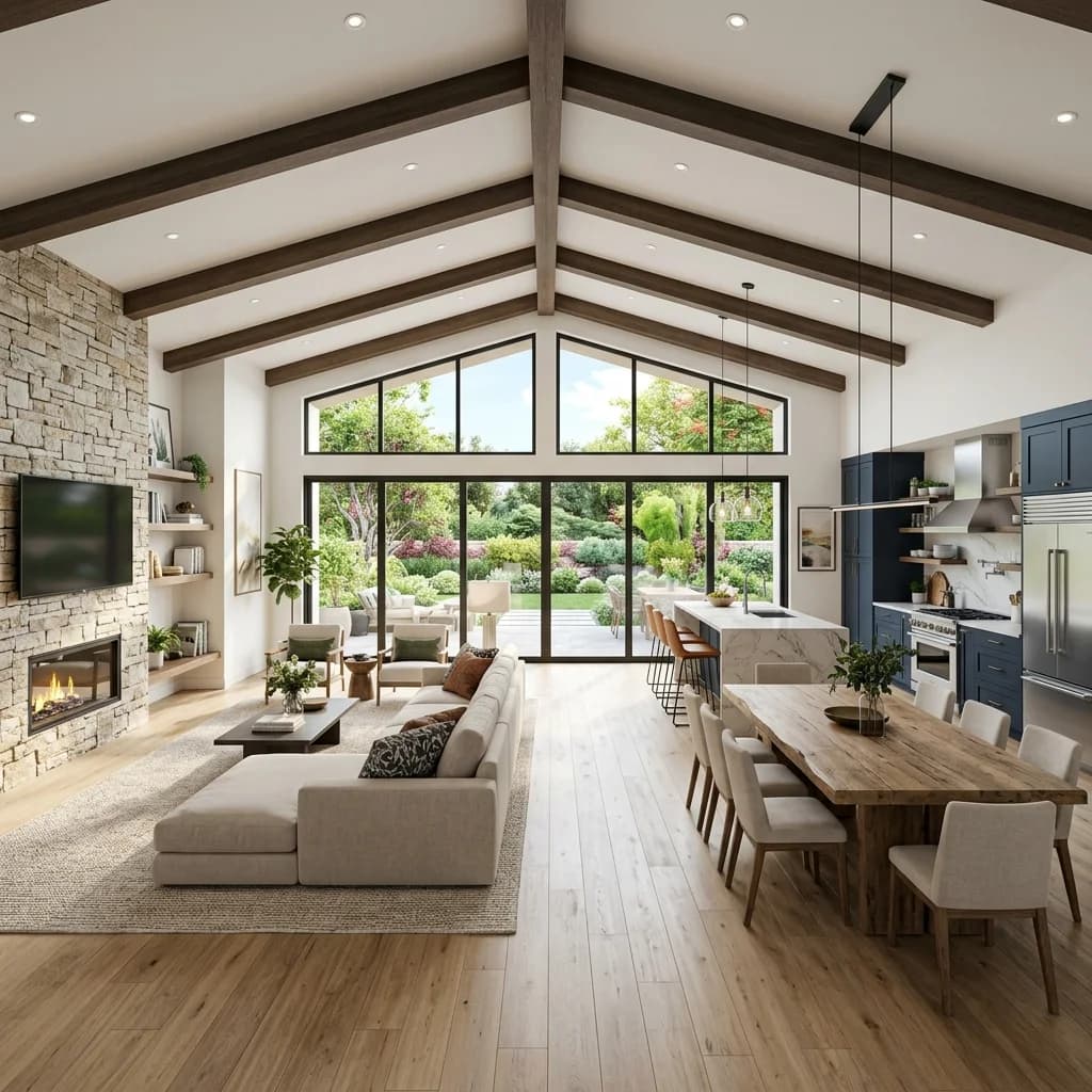 Spacious open-concept interior of a modern 3000 sq ft ranch home, featuring high vaulted ceilings, large windows, and premium finishes