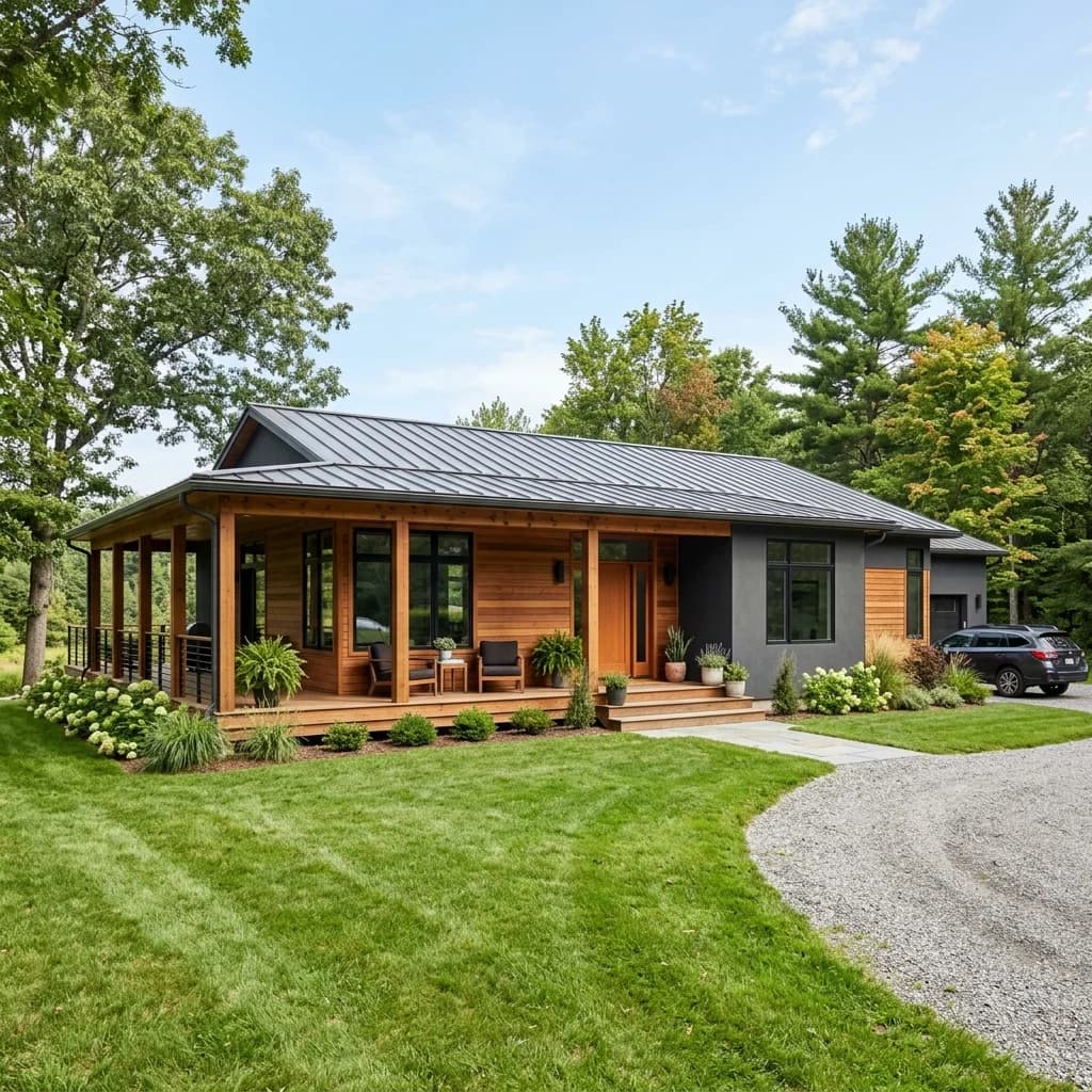 Single story ranch style house with a low pitch roof and modern exterior design