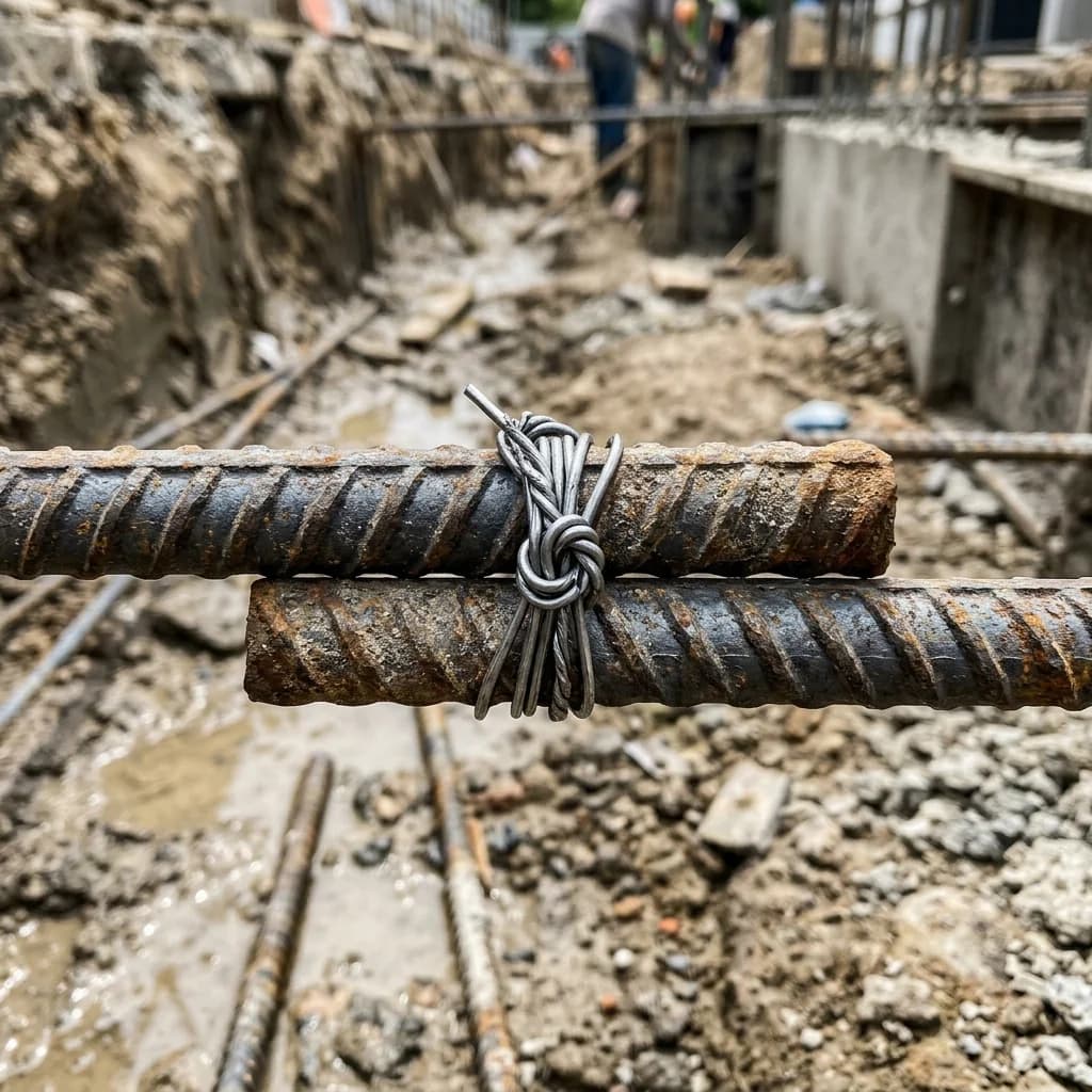 Close-up of steel rebar pieces overlapping in a lap splice, tied securely with wire