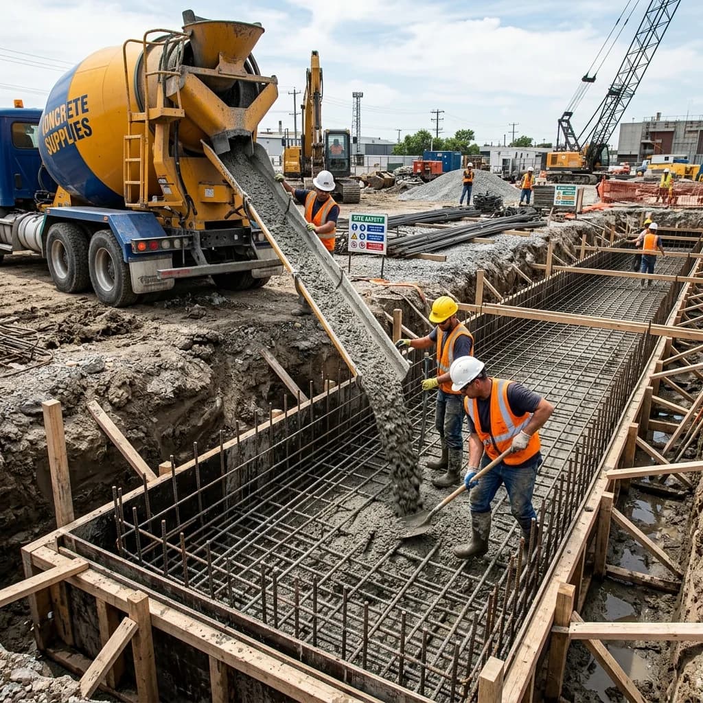 Workers pouring fresh grey concrete from a mixer truck chute over a steel rebar footing cage