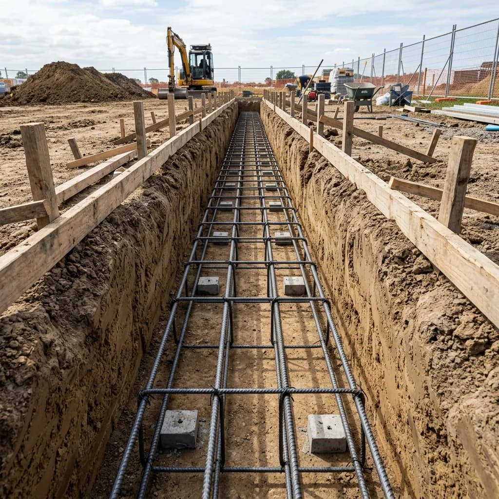 Dug foundation trench for a continuous concrete footing with parallel steel rebar installed