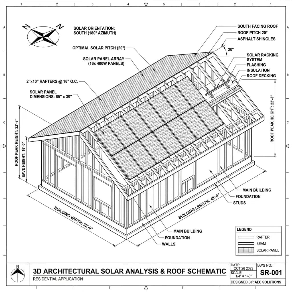 3D architectural blueprint showing optimal roof pitch and solar panel orientation azimuth pointing South