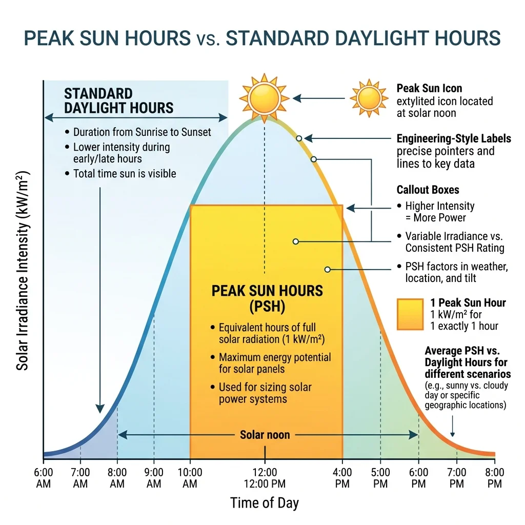 Infographic chart comparing Peak Sun Hours versus Standard Daylight Hours