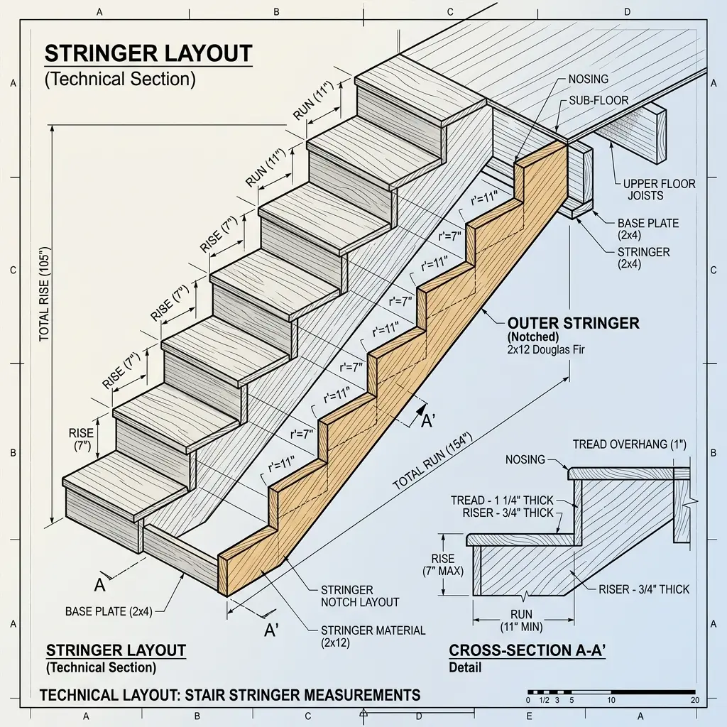Technical illustration showing the core measurements of a stair stringer: rise, run, and total span