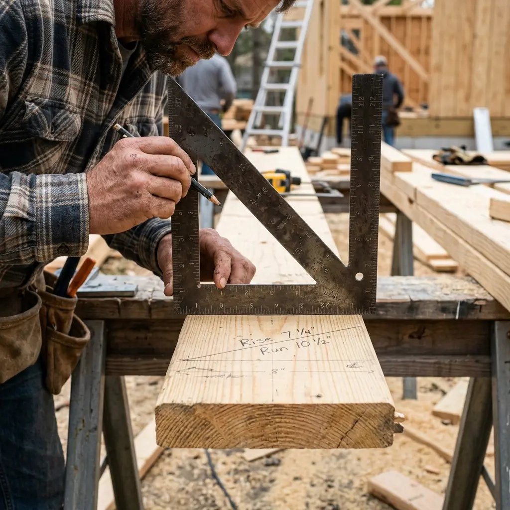 Close up photograph of a professional carpenter marking a stair stringer with a steel framing square