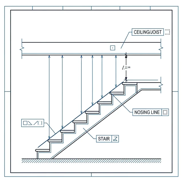 Technical drawing showing required staircase headroom clearance