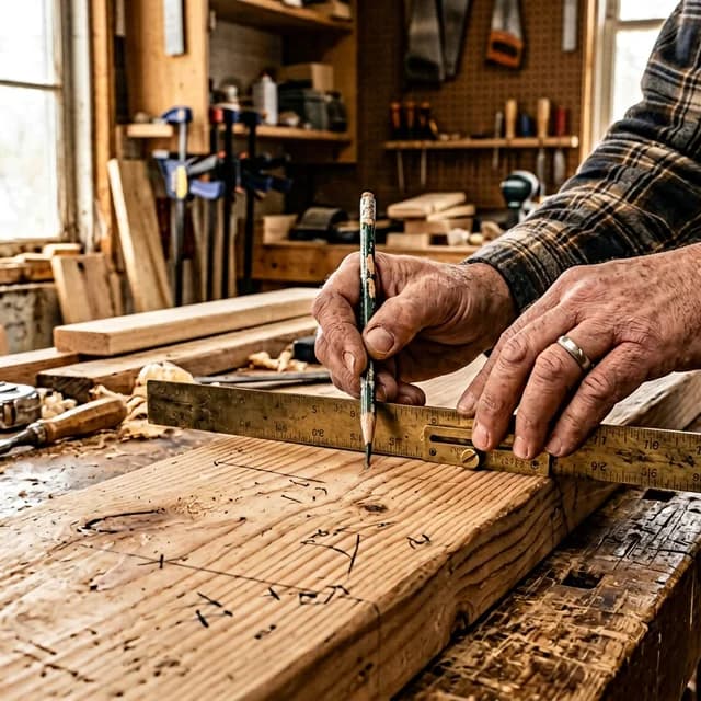 Carpenter marking a staircase stringer with a framing square