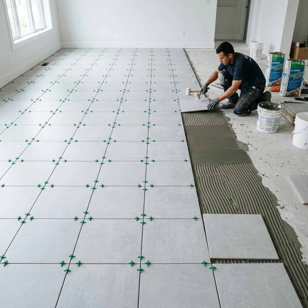 Contractor laying out layout grid on bathroom floor for ceramic tiling