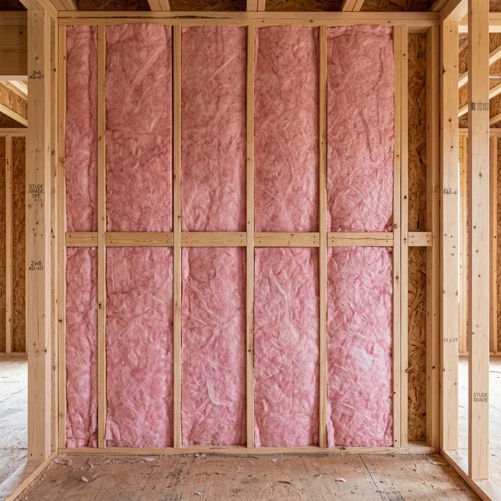 Fiberglass rolls insulation installed between wooden wall studs
